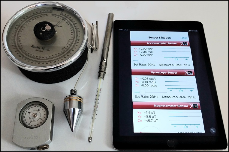 Yksinkertaisia mittalaitteita. Korkeuserojen mittauksiin tarkoitettu ilmanpainemittari, bussoliksi sanottu kompassi, riippuluoti, lämpömittari ja mobiililaite, jonka anturit mittaavat paikkaa, kiihtyvyyttä, kiertoasentoa ja magneettikenttää.