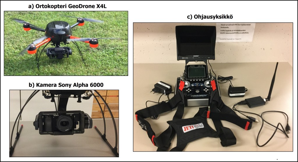 Eräs kartoitusmittauksissa käytettävä lennokki (drone, UAV, UAS, RPA, RPAS) varusteineen.