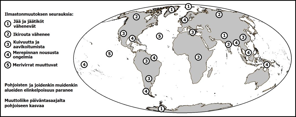 Elämme teollisen ajan lämpökautta. Kartta esittää lämpenemisen aiheuttamia mahdollisia seurauksia maapallolla 2100-luvun loppuun mennessä.